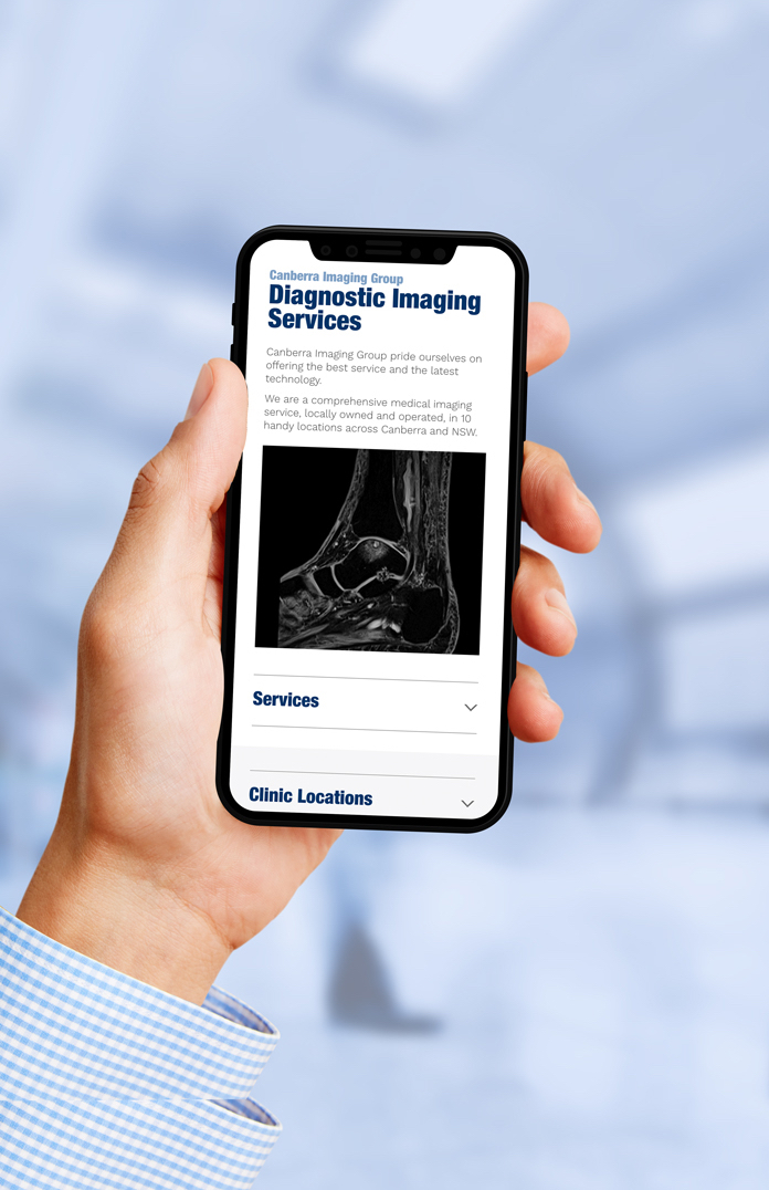 Canberra Imaging Group website, in particular the Diagnostic Imaging Services page, opened on an iPhone.