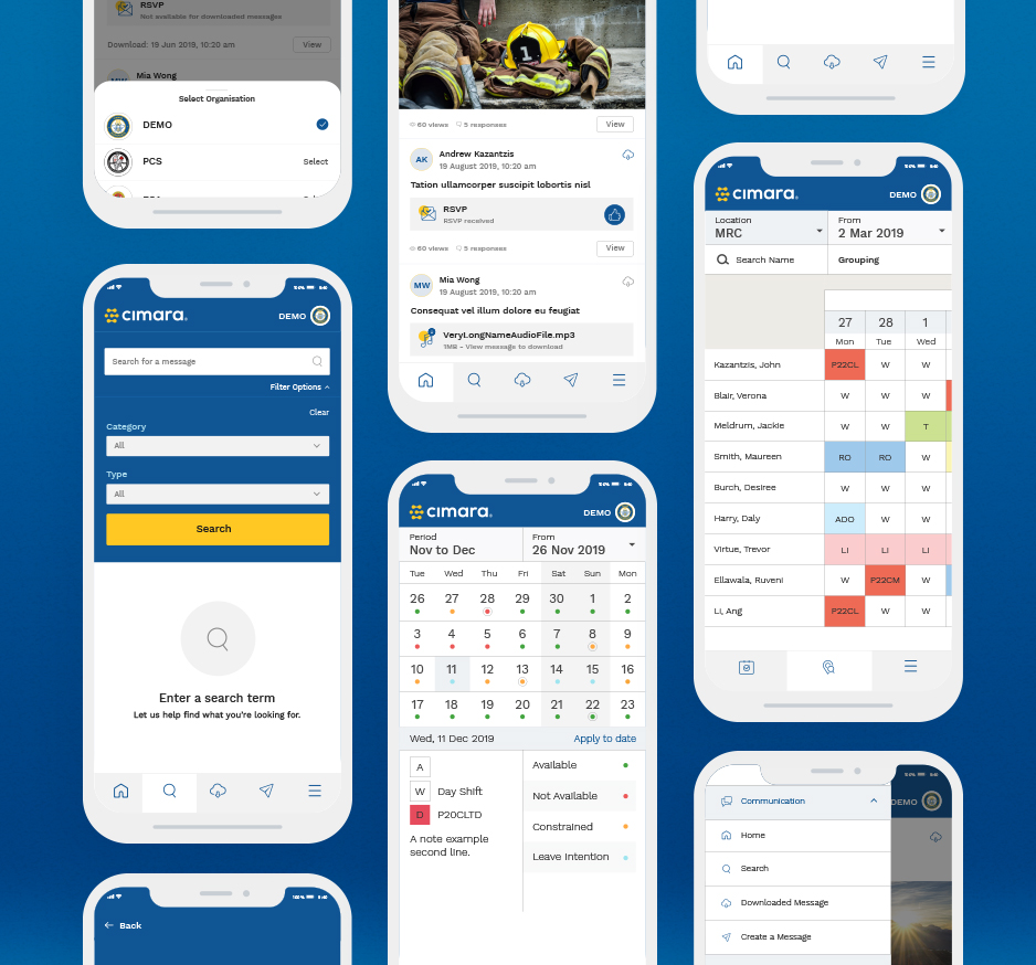 Multiple view examples of the Cimara Workforce management application